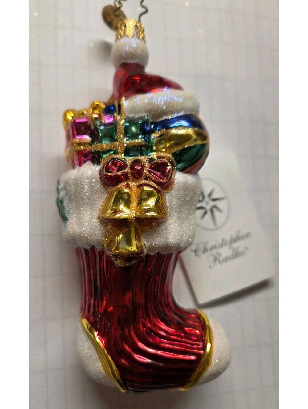 Christopher Radko Ruby Stocking & Cheer Glass Handpainted Ornament, Mint w/tag